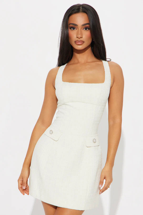 White Square Neck Tweed Flared Homecoming Dresses