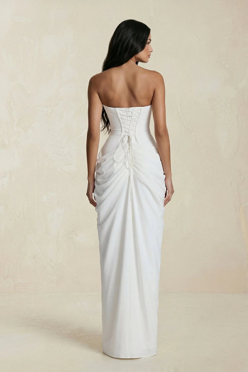 White Strapless Corset Draped Slit Lace-Up Back Evening Dresses