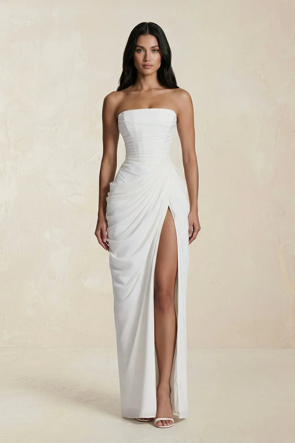 White Strapless Corset Draped Slit Lace-Up Back Evening Dresses