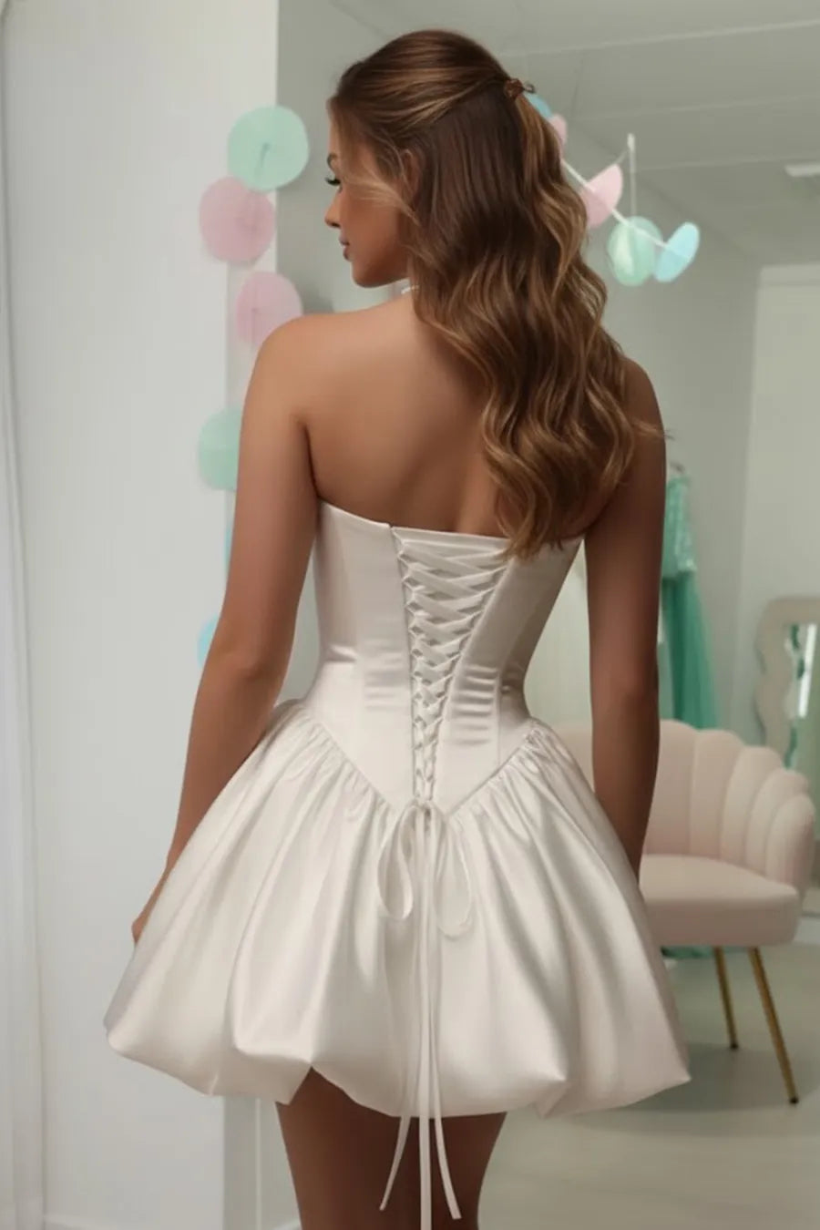 White Strapless Corset Puffball Homecoming Dresses