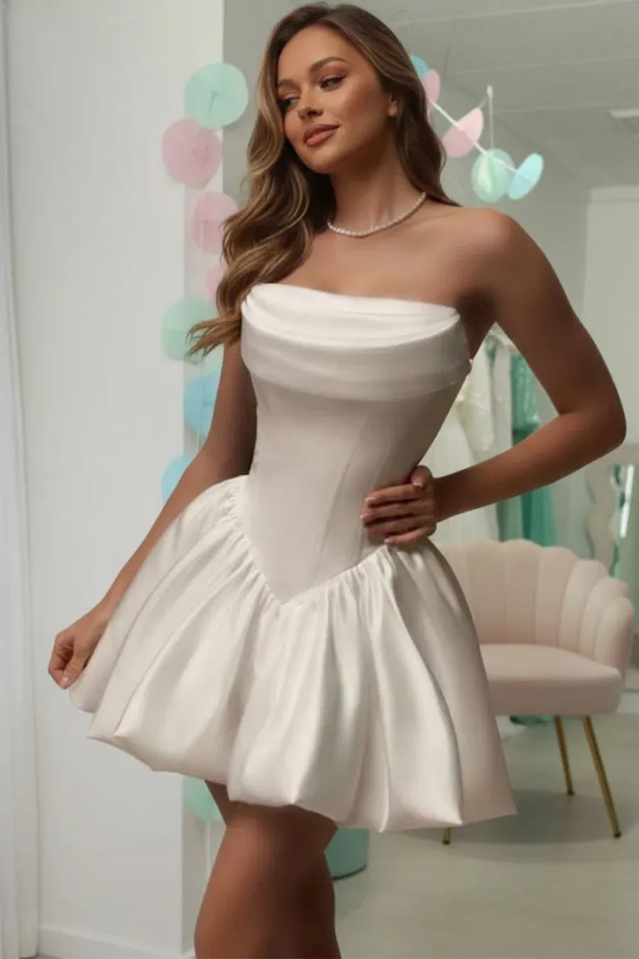 White Strapless Corset Puffball Homecoming Dresses
