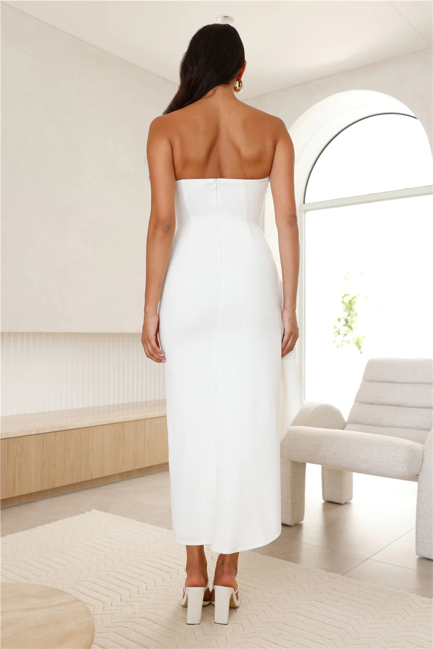 White Strapless Draped High Slit Midi Evening Dresses