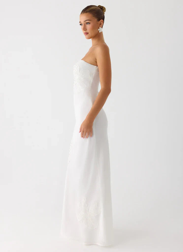 White Strapless Embroidered Flower Maxi Dress For Elegant Casual Party Events