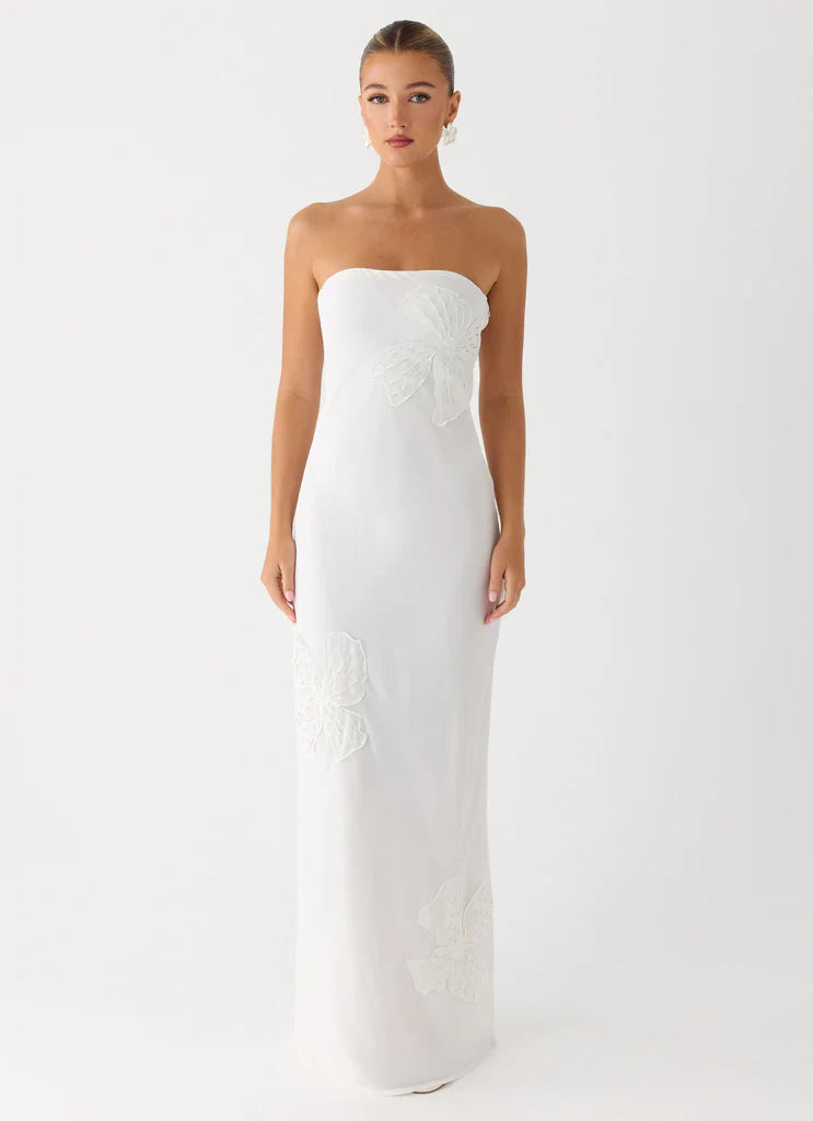 White Strapless Embroidered Flower Maxi Dress For Elegant Casual Party Events