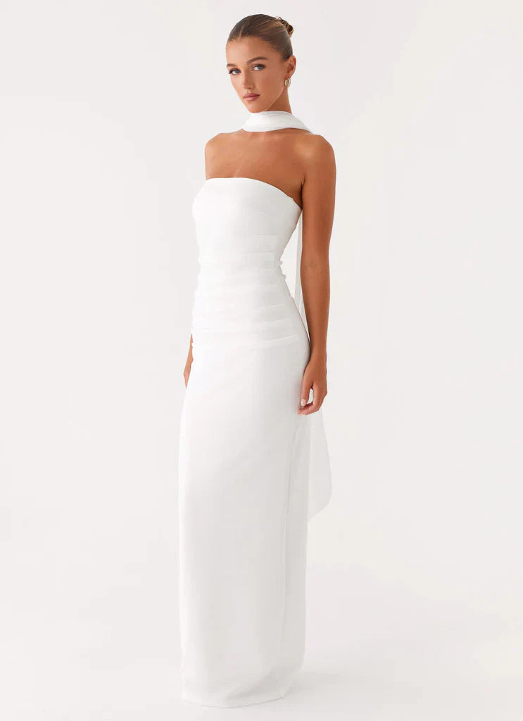 White Strapless Halter Neck Ruched Maxi Bridal Prom Dress For Elegant Formal Evening Events