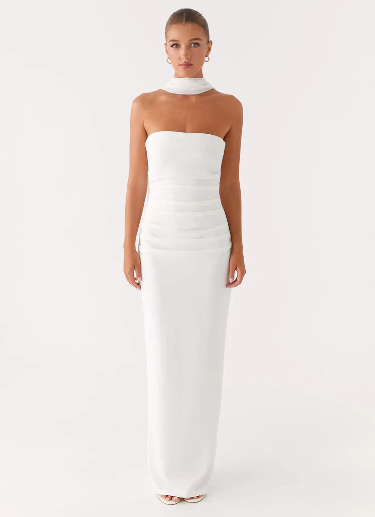 White Strapless Halter Neck Ruched Maxi Bridal Prom Dress For Elegant Formal Evening Events