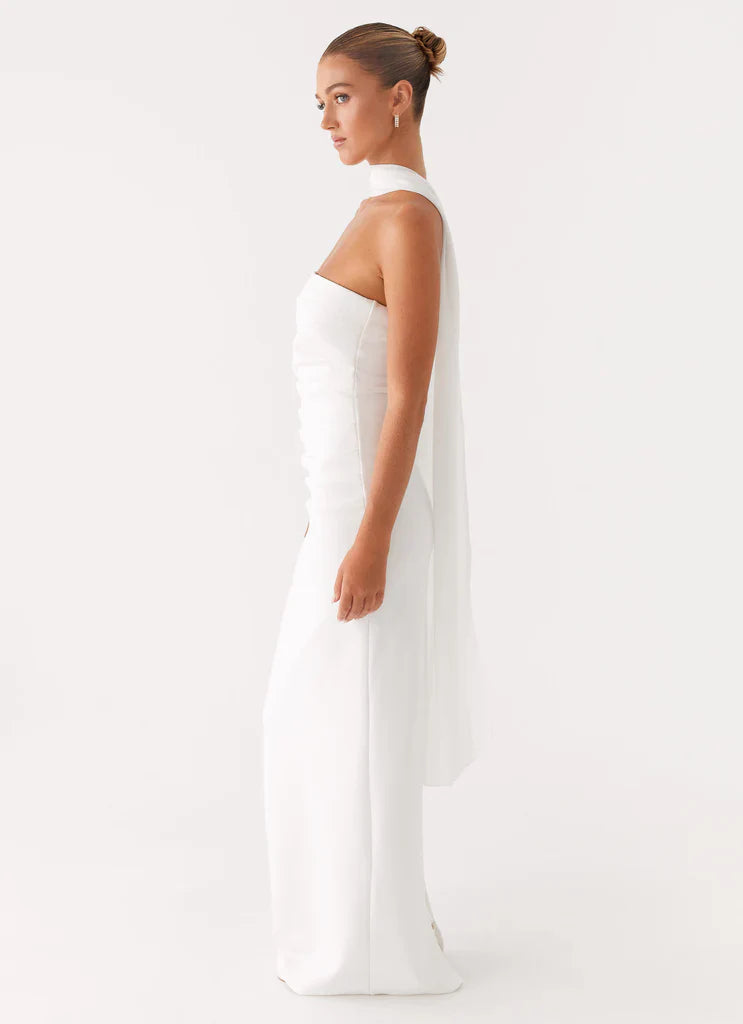 White Strapless Halter Neck Ruched Maxi Bridal Prom Dress For Elegant Formal Evening Events