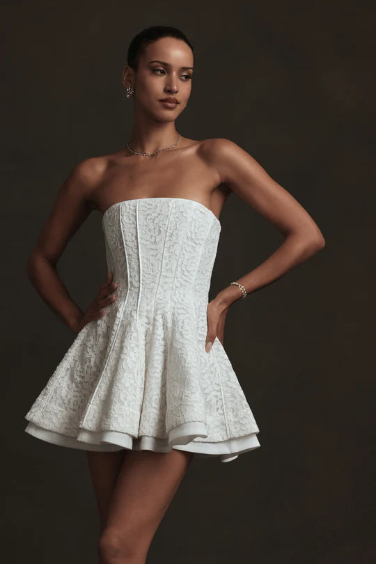 White Strapless Lace Corset Flared Mini Homecoming Dresses