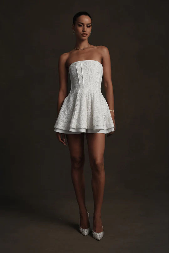 White Strapless Lace Corset Flared Mini Homecoming Dresses