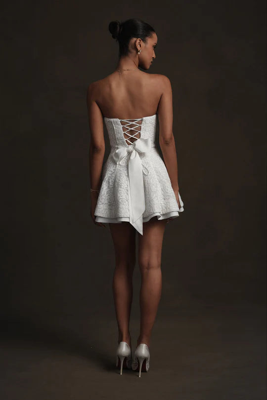 White Strapless Lace Corset Flared Mini Homecoming Dresses