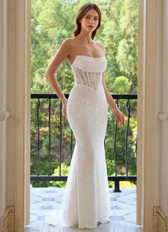 White Strapless Lace Corset Mermaid Evening Dresses