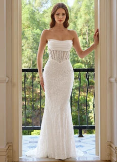 White Strapless Lace Corset Mermaid Evening Dresses