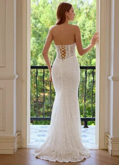 White Strapless Lace Corset Mermaid Evening Dresses