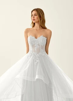 White Strapless Lace Corset Tiered Tulle Maxi Evening Dresses