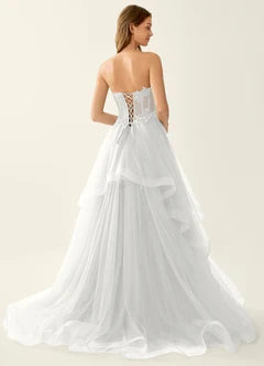 White Strapless Lace Corset Tiered Tulle Maxi Evening Dresses