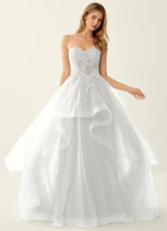 White Strapless Lace Corset Tiered Tulle Maxi Evening Dresses