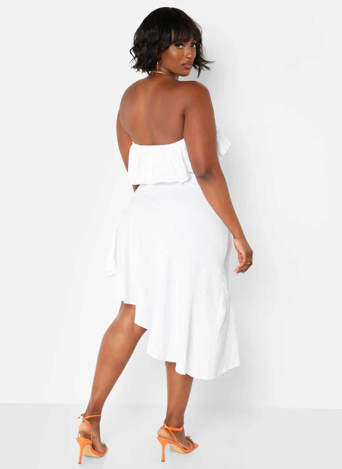 White Strapless Ruffle High Low Midi Casual Dresses