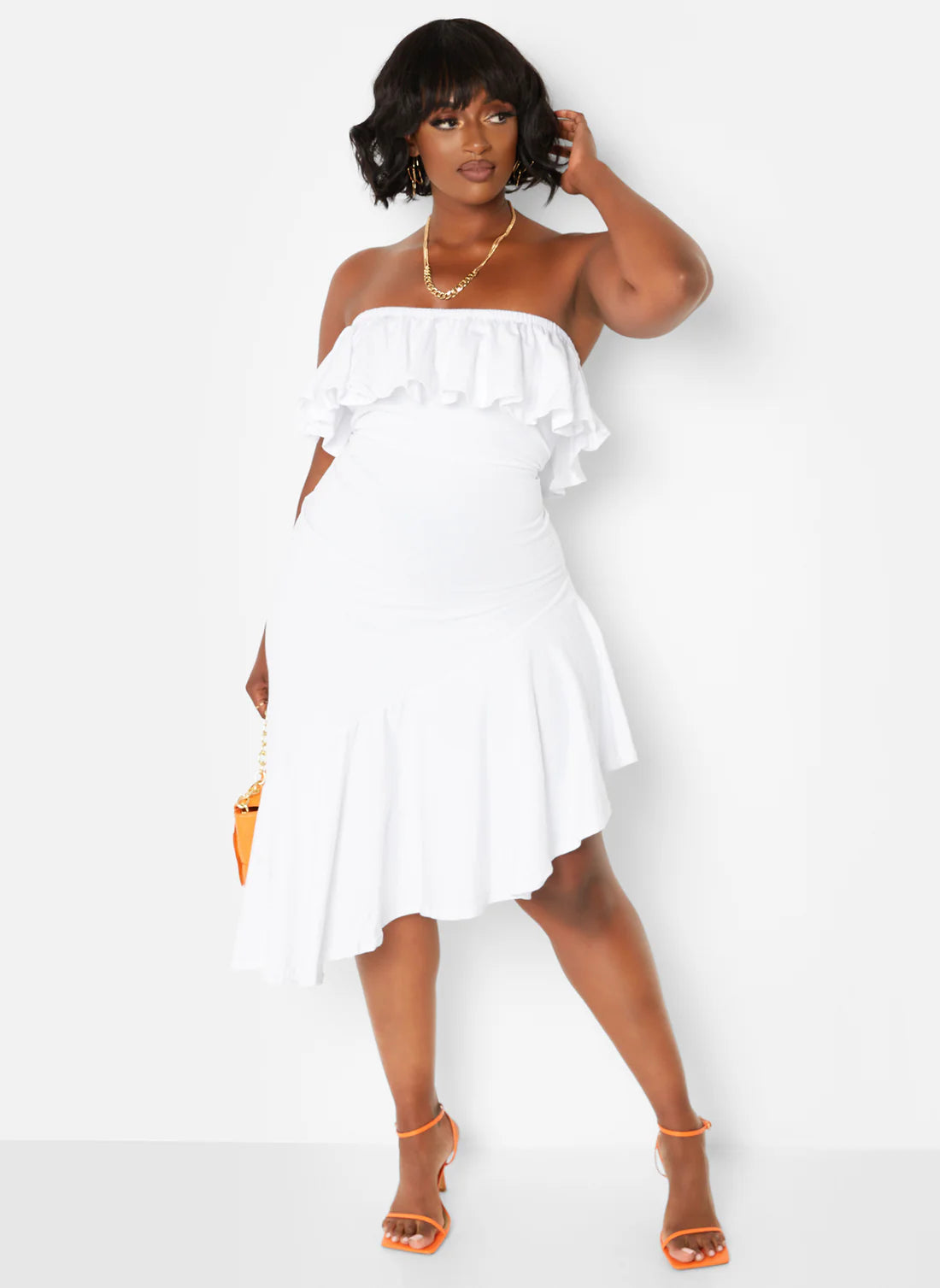 White Strapless Ruffle High Low Midi Casual Dresses