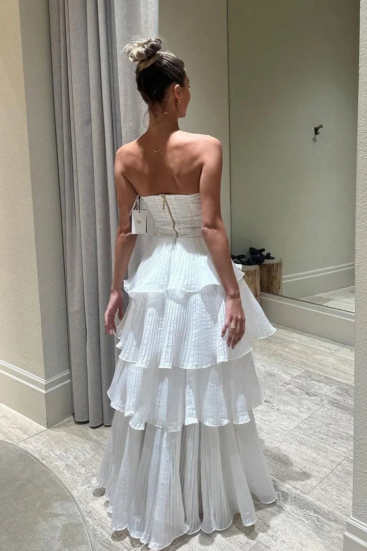 White Strapless Tiered Ruffle Maxi Dress with Ruched Bodice