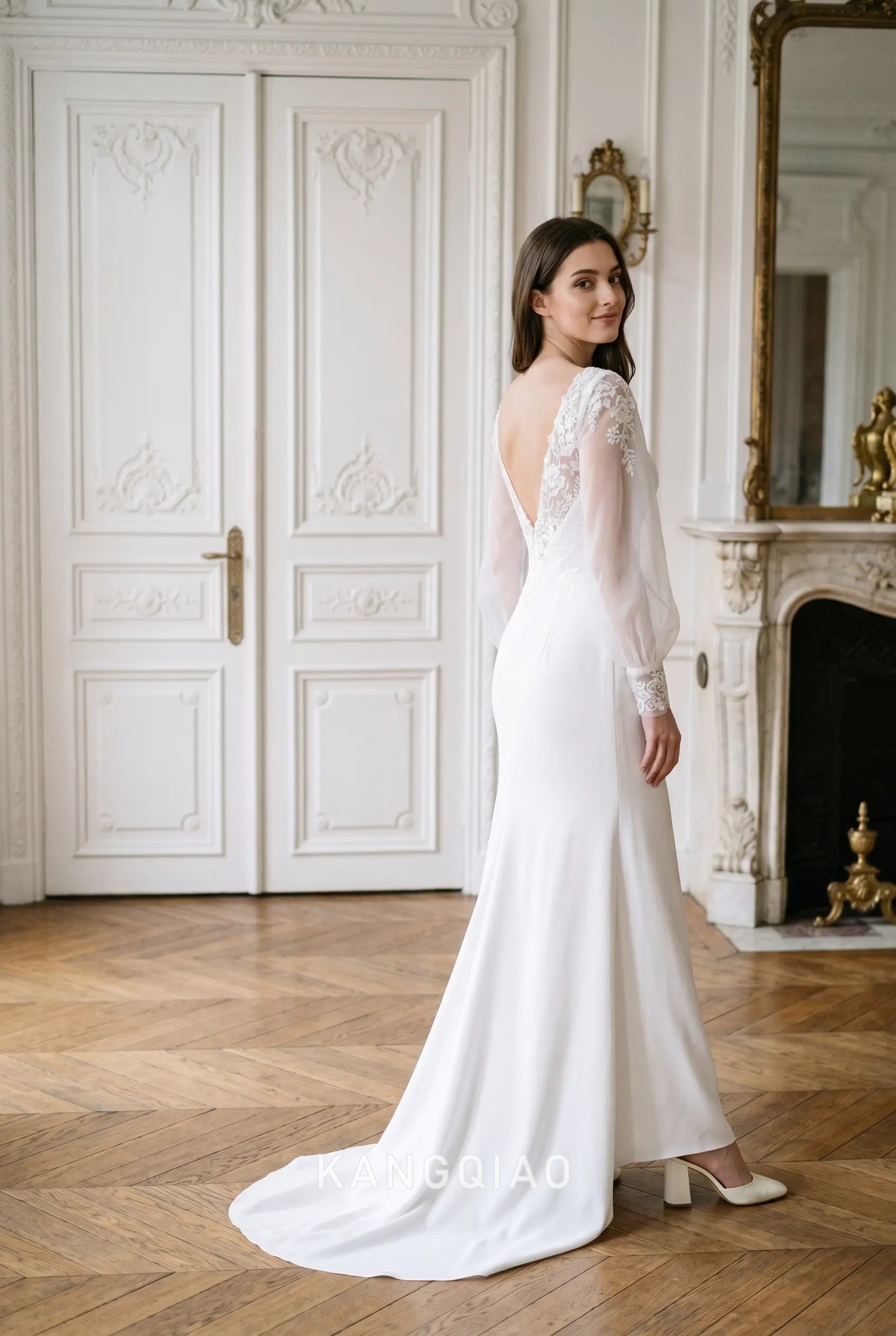White Sweetheart Neck Long Sheer Tulle Sleeve Lace Bodice Mermaid Floor Length Wedding Dress