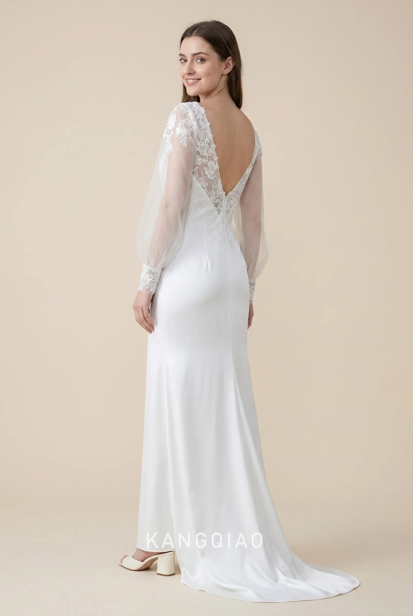 White Sweetheart Neck Long Sheer Tulle Sleeve Lace Bodice Mermaid Floor Length Wedding Dress