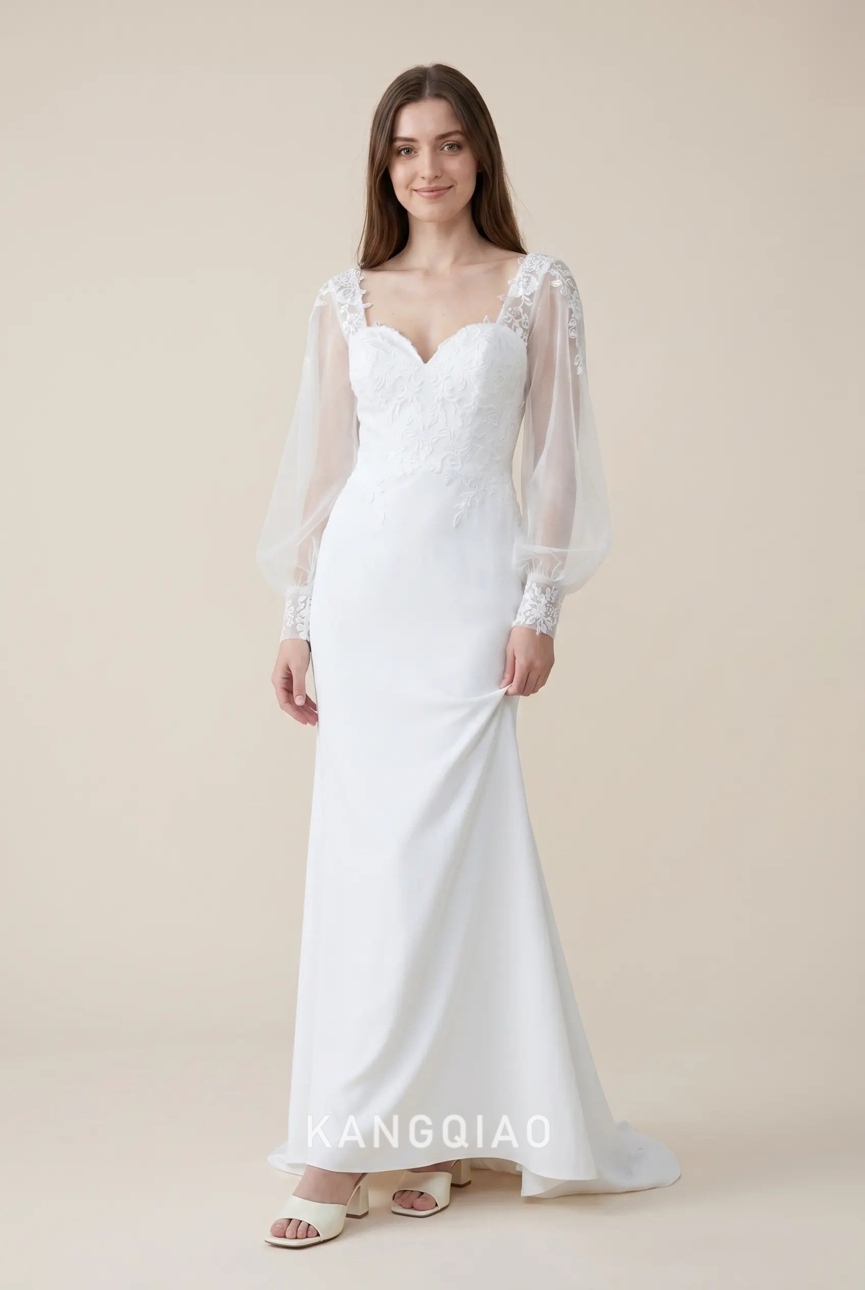 White Sweetheart Neck Long Sheer Tulle Sleeve Lace Bodice Mermaid Floor Length Wedding Dress
