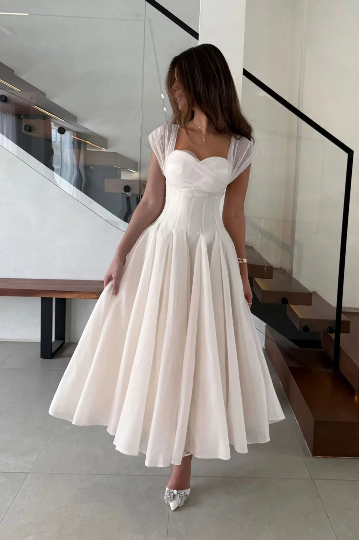 White Sweetheart Neckline Sheer Cap Sleeve Corset Waist Flared Midi Evening Dresses