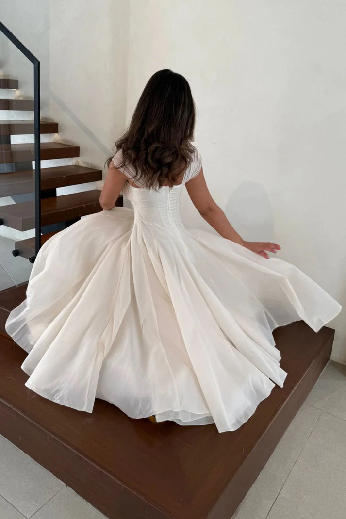 White Sweetheart Neckline Sheer Cap Sleeve Corset Waist Flared Midi Evening Dresses