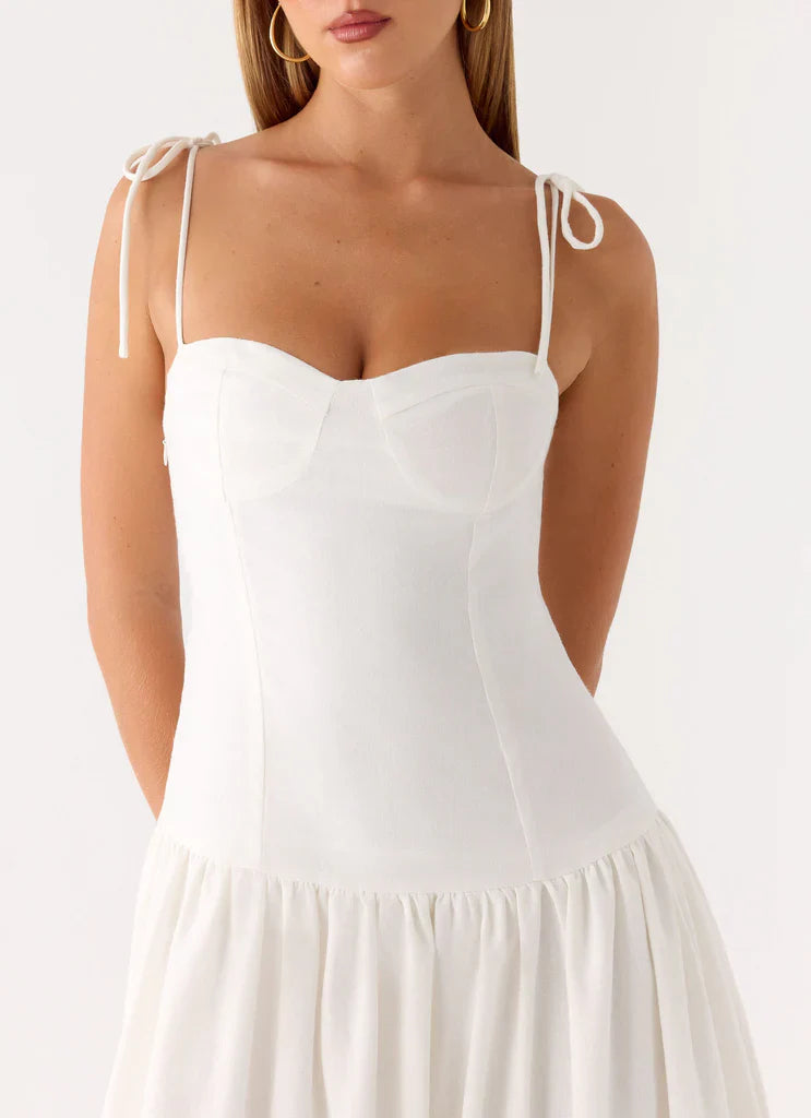 White Tie Shoulder Bustier Drop Waist Maxi Prom Dress For Elegant Evening Events
