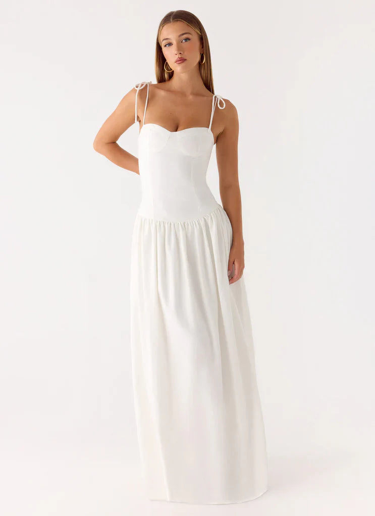 White Tie Shoulder Bustier Drop Waist Maxi Prom Dress For Elegant Evening Events