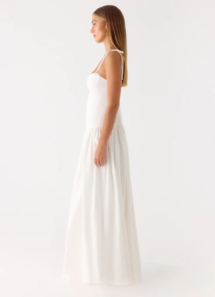 White Tie Shoulder Bustier Drop Waist Maxi Prom Dress For Elegant Evening Events