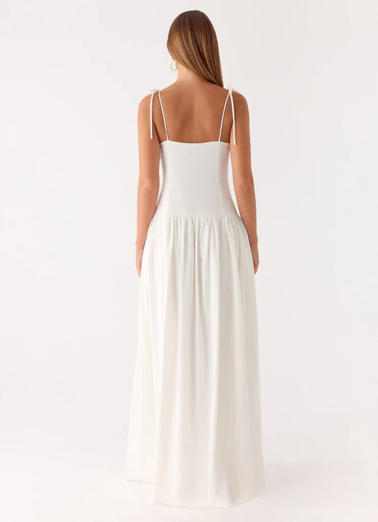 White Tie Shoulder Bustier Drop Waist Maxi Prom Dress For Elegant Evening Events