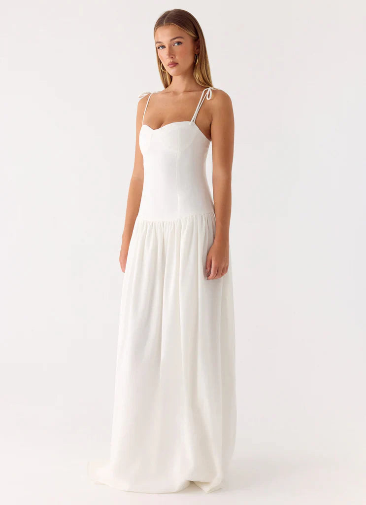 White Tie Shoulder Bustier Drop Waist Maxi Prom Dress For Elegant Evening Events