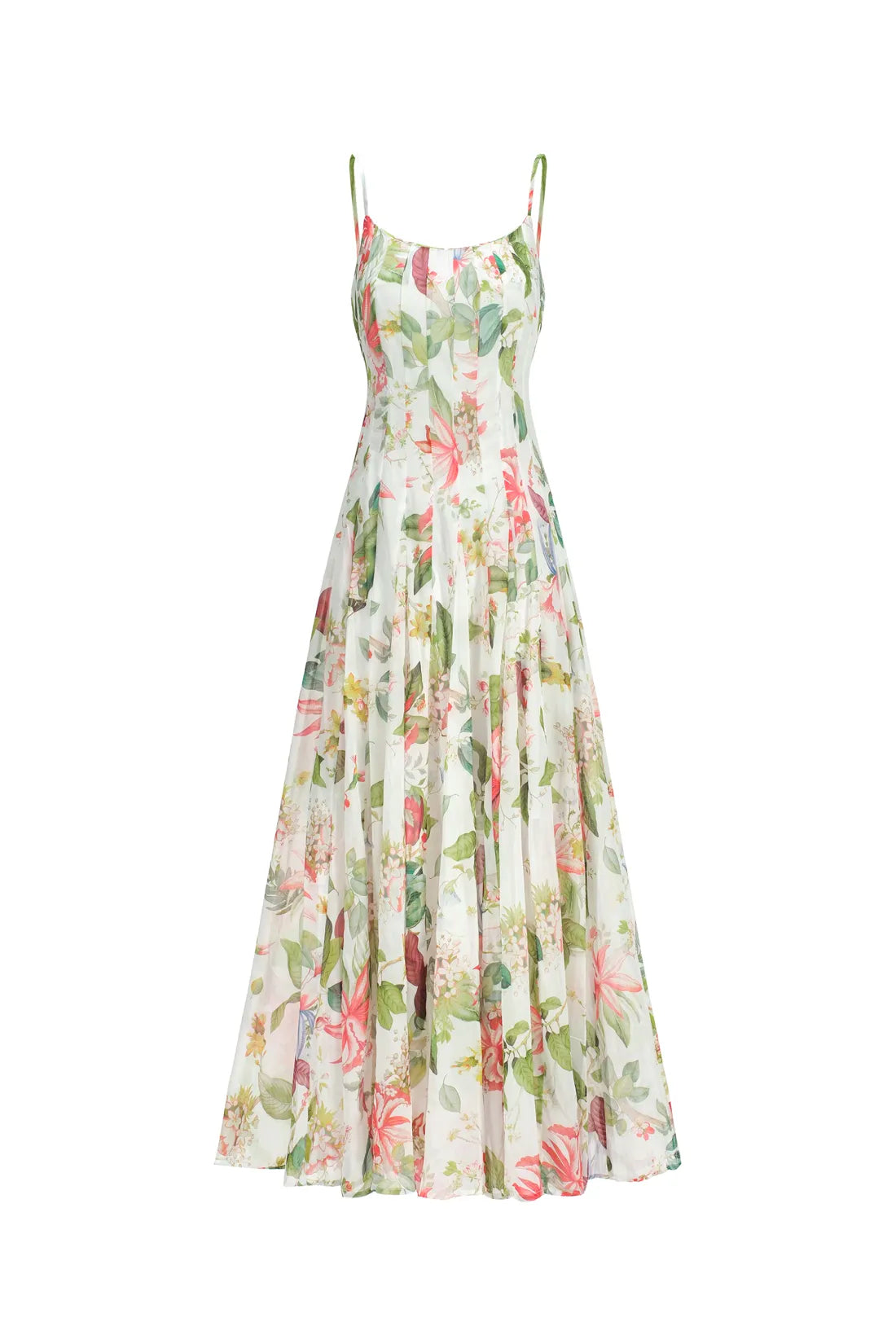 White Tropical Floral Print Spaghetti Strap A-Line Maxi Evening Dresses