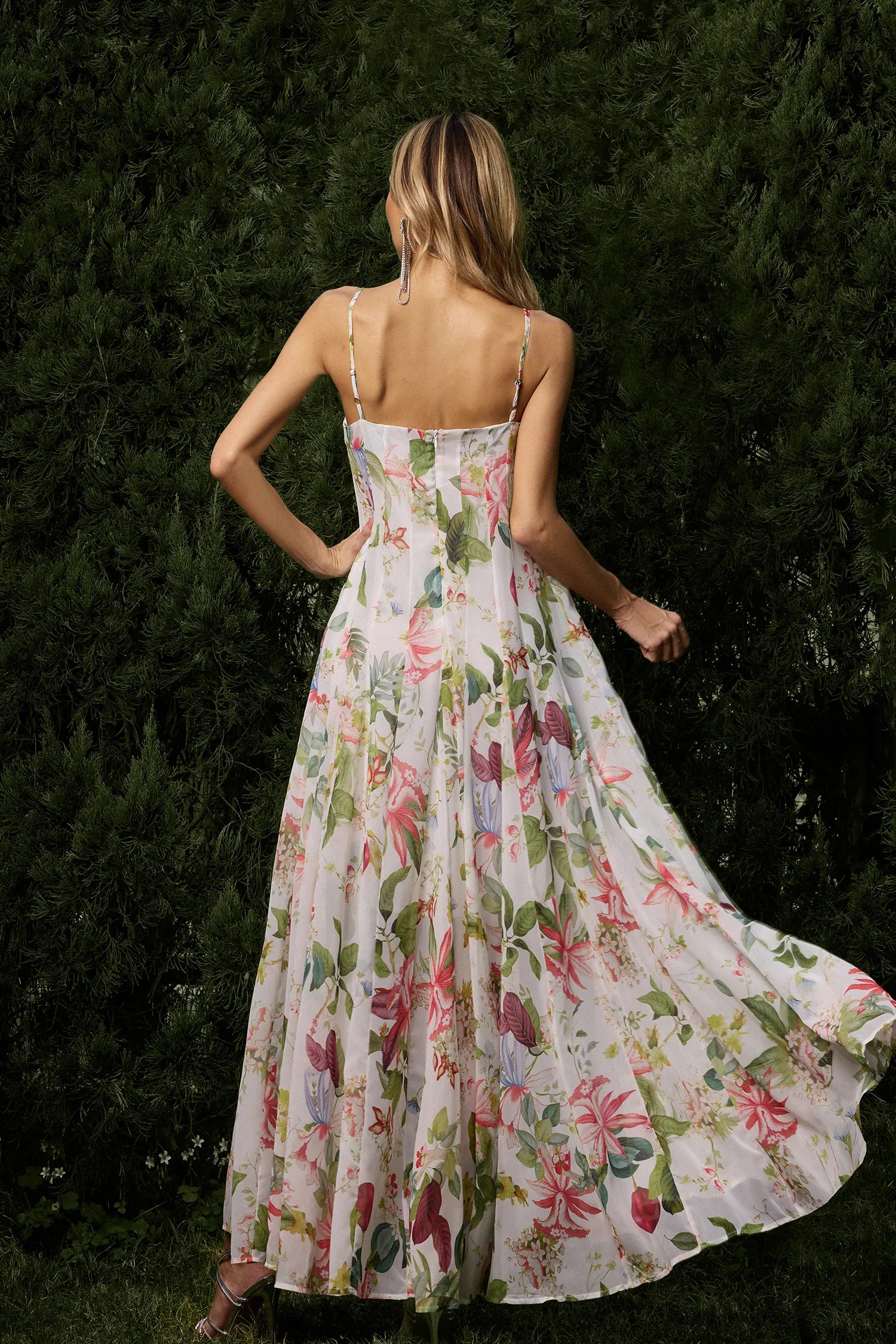 White Tropical Floral Print Spaghetti Strap A-Line Maxi Evening Dresses