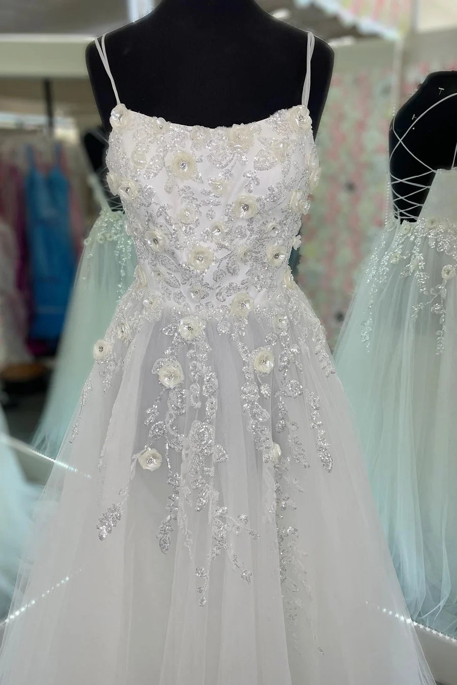 White Tulle Floral Applique Lace-Up Back A-Line Long Prom Dress