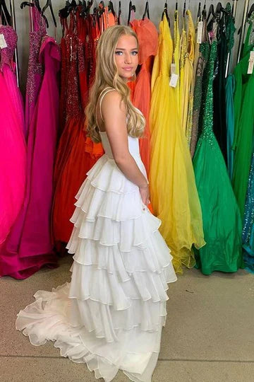White Tulle Spaghetti Strap Tiered Prom Dress with High Slit