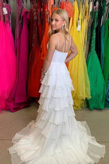 White Tulle Spaghetti Strap Tiered Prom Dress with High Slit