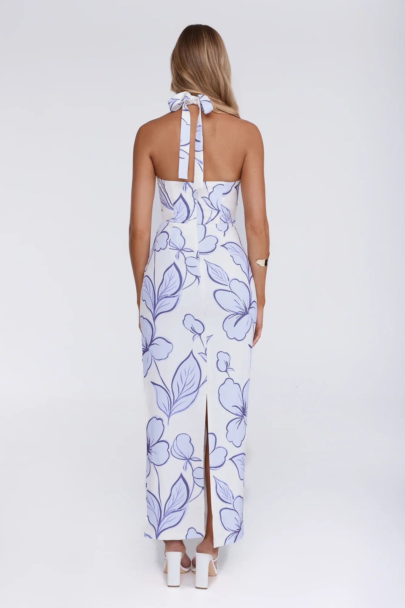 White & Blue Floral Halter Neck Maxi Evening Dresses