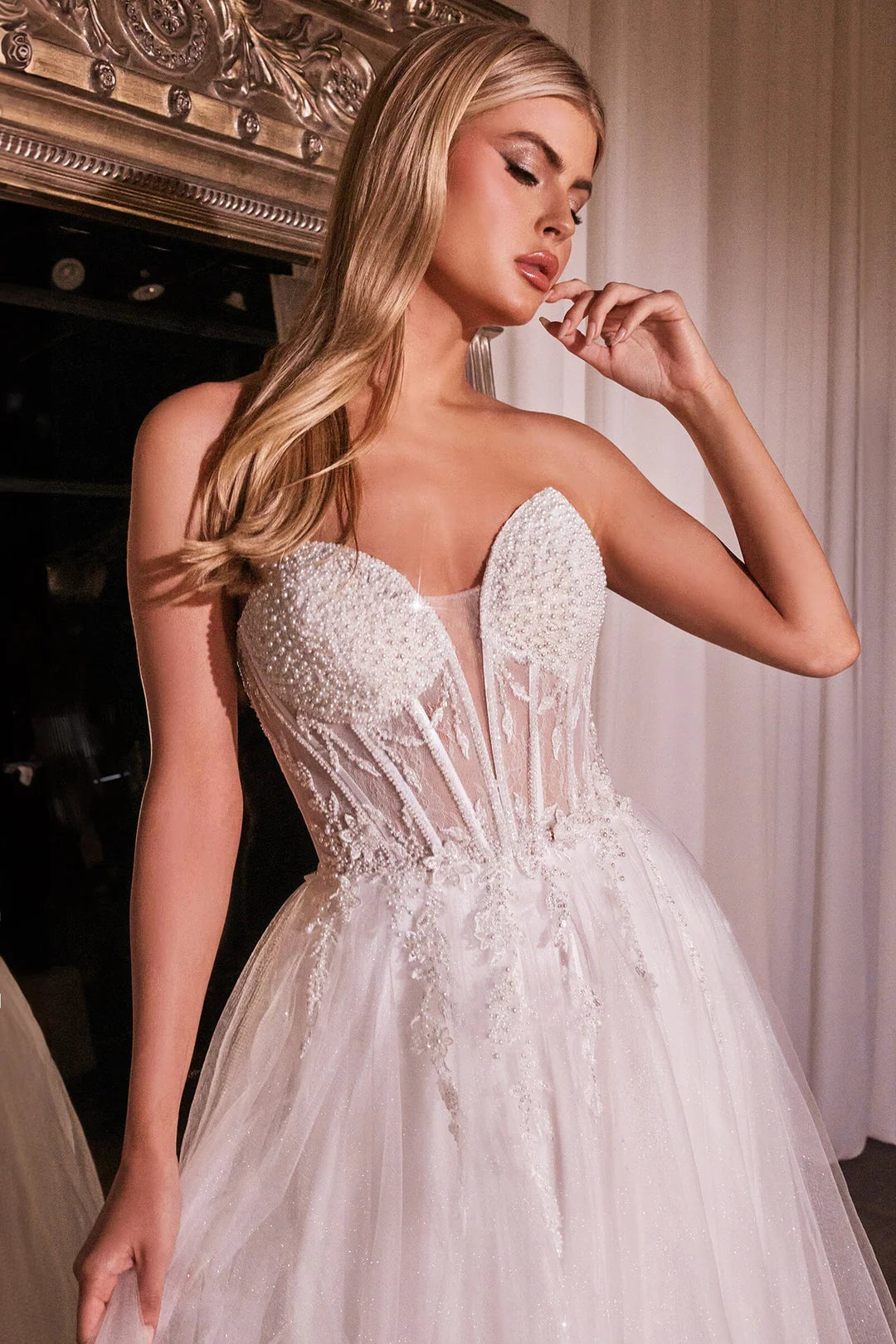 White bead strapless sheer tight fitting wedding dress