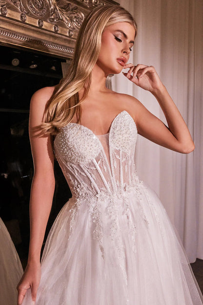White bead strapless sheer tight fitting wedding dress