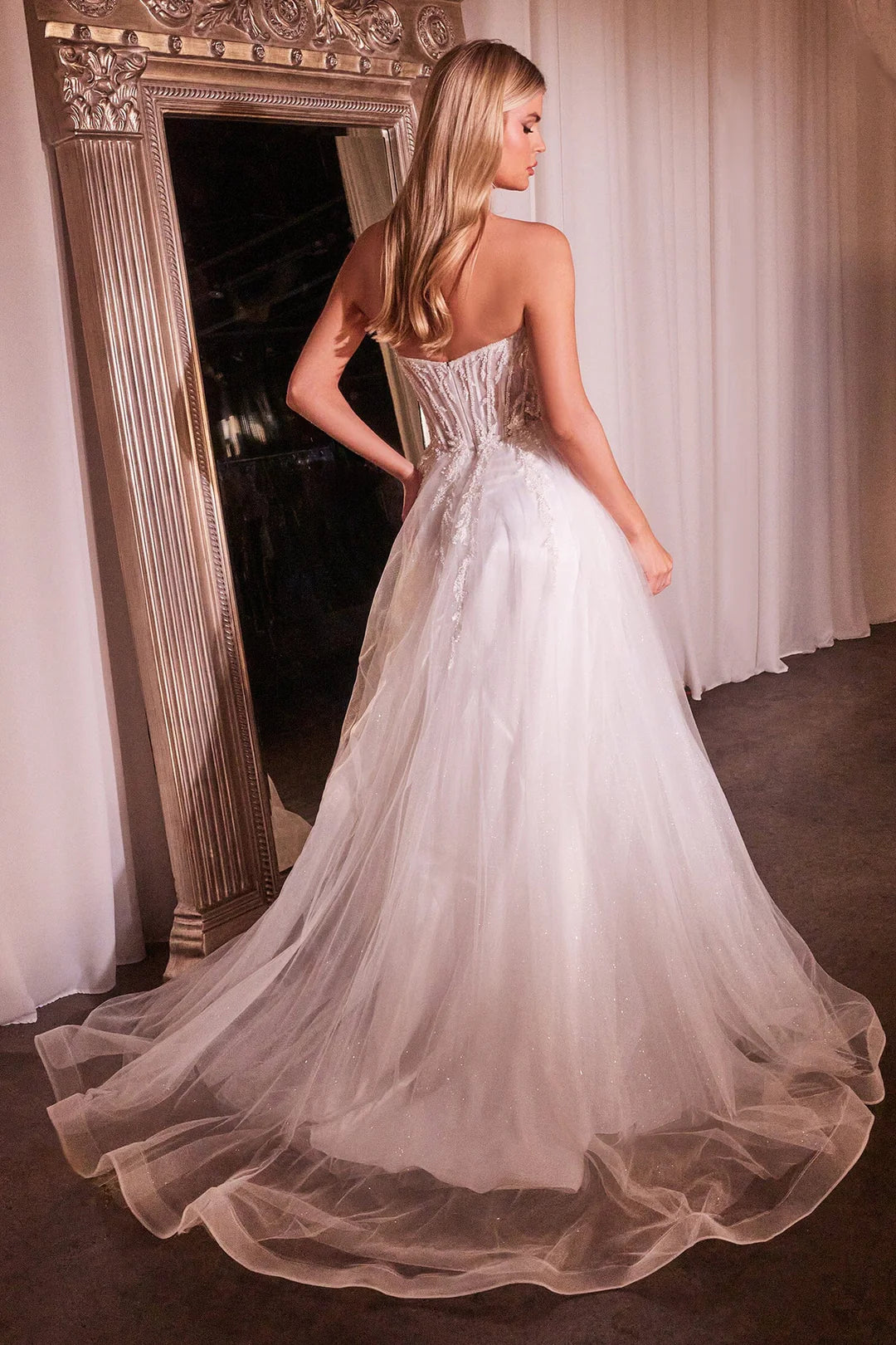 White bead strapless sheer tight fitting wedding dress