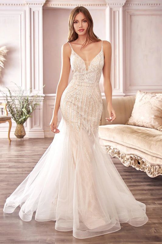 White mermaid V-neck dress with chiffon tail