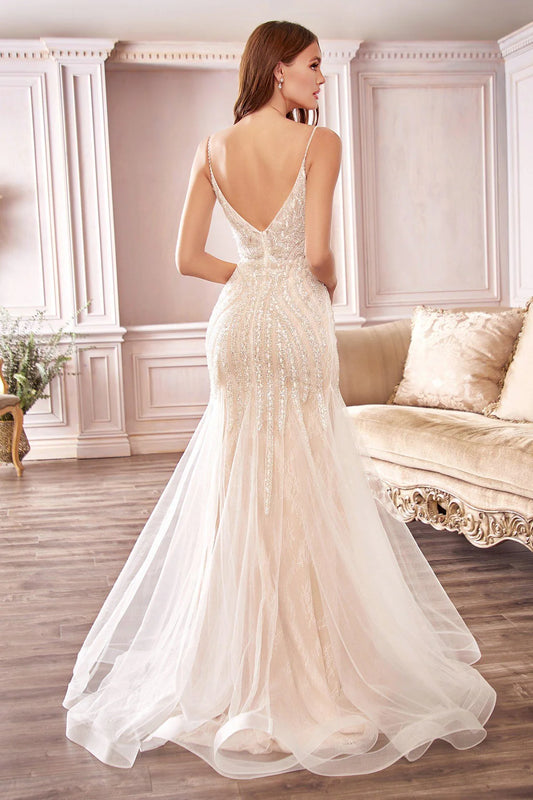 White mermaid V-neck dress with chiffon tail