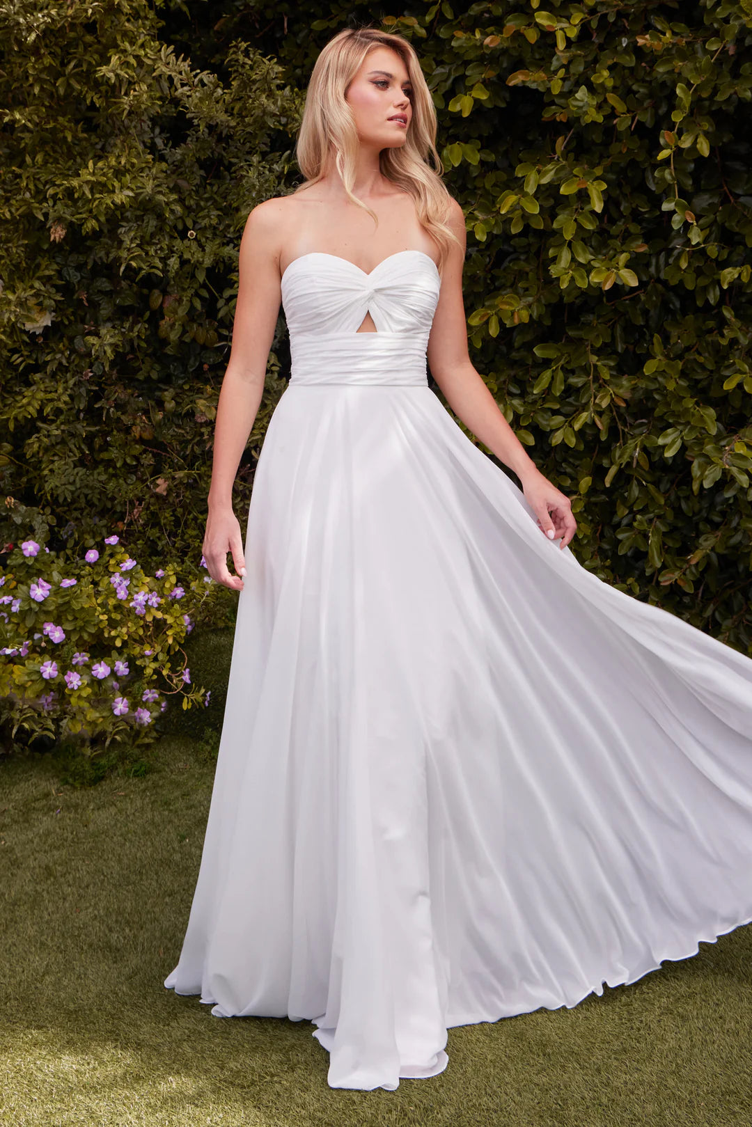 White sleeveless strapless A-line formal dress