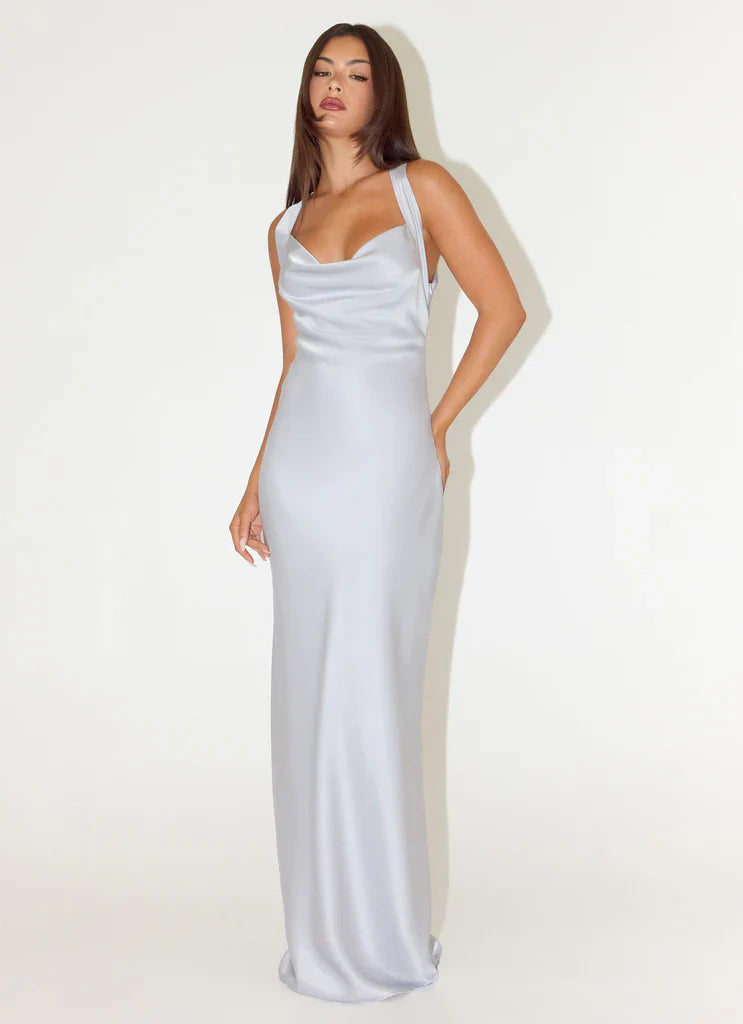 Wide Strap Ice Blue Satin Cowl Neck Maxi Prom Dress with Open Back
