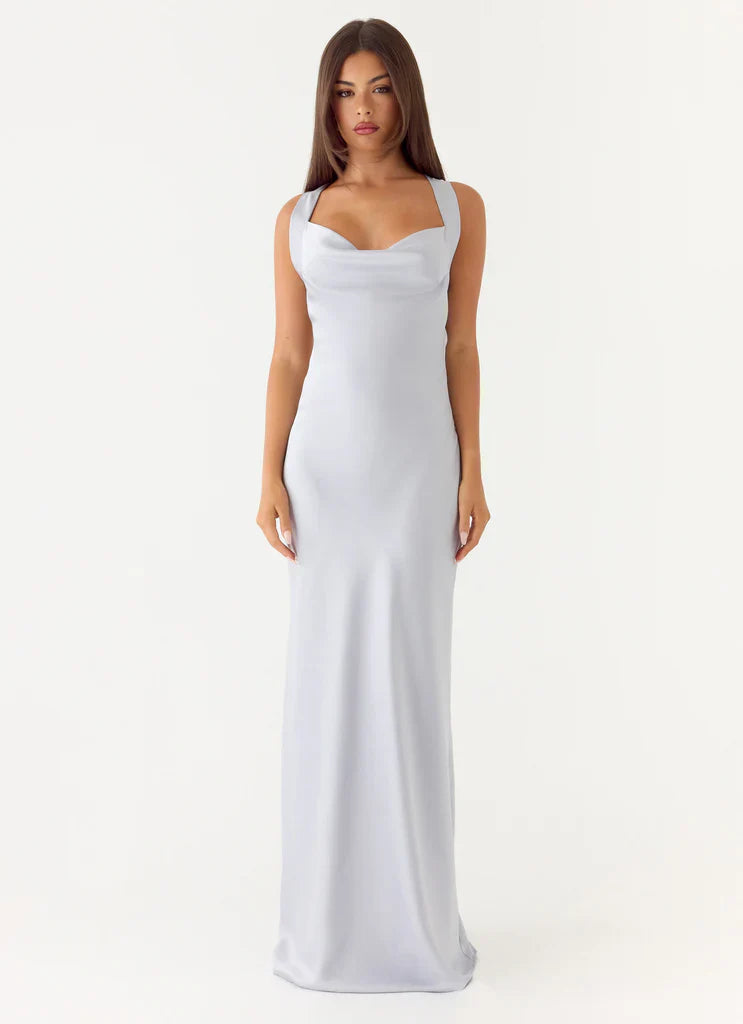 Wide Strap Ice Blue Satin Cowl Neck Maxi Prom Dress with Open Back