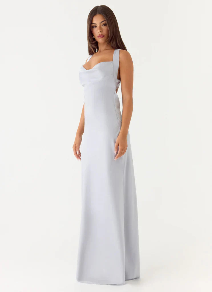 Wide Strap Ice Blue Satin Cowl Neck Maxi Prom Dress with Open Back