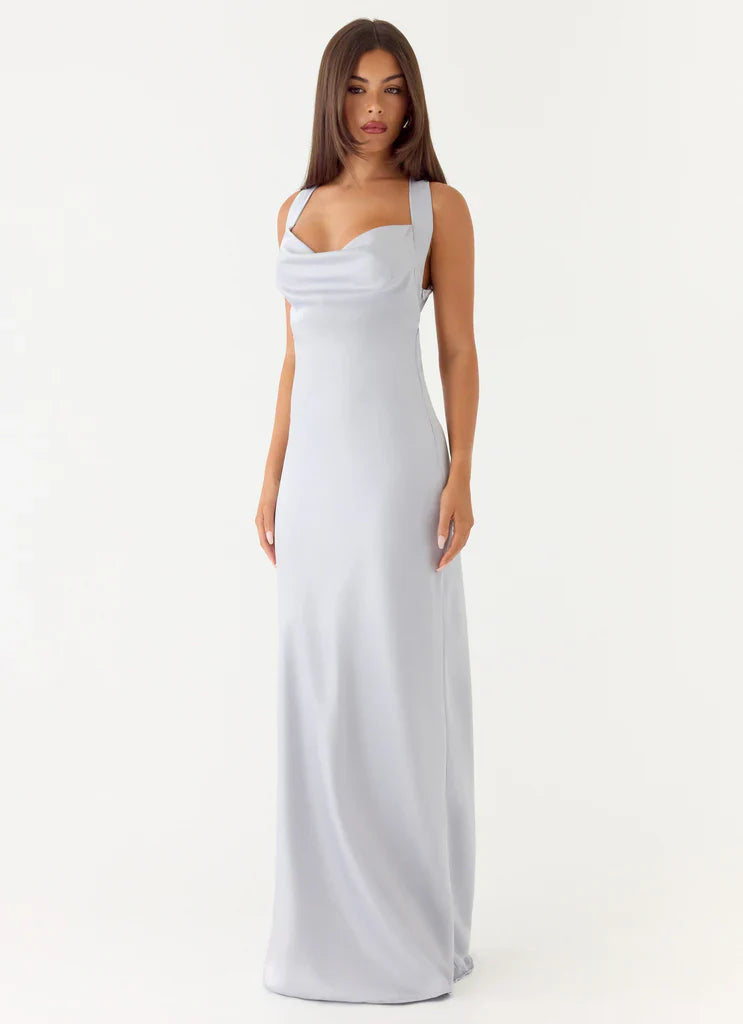 Wide Strap Ice Blue Satin Cowl Neck Maxi Prom Dress with Open Back
