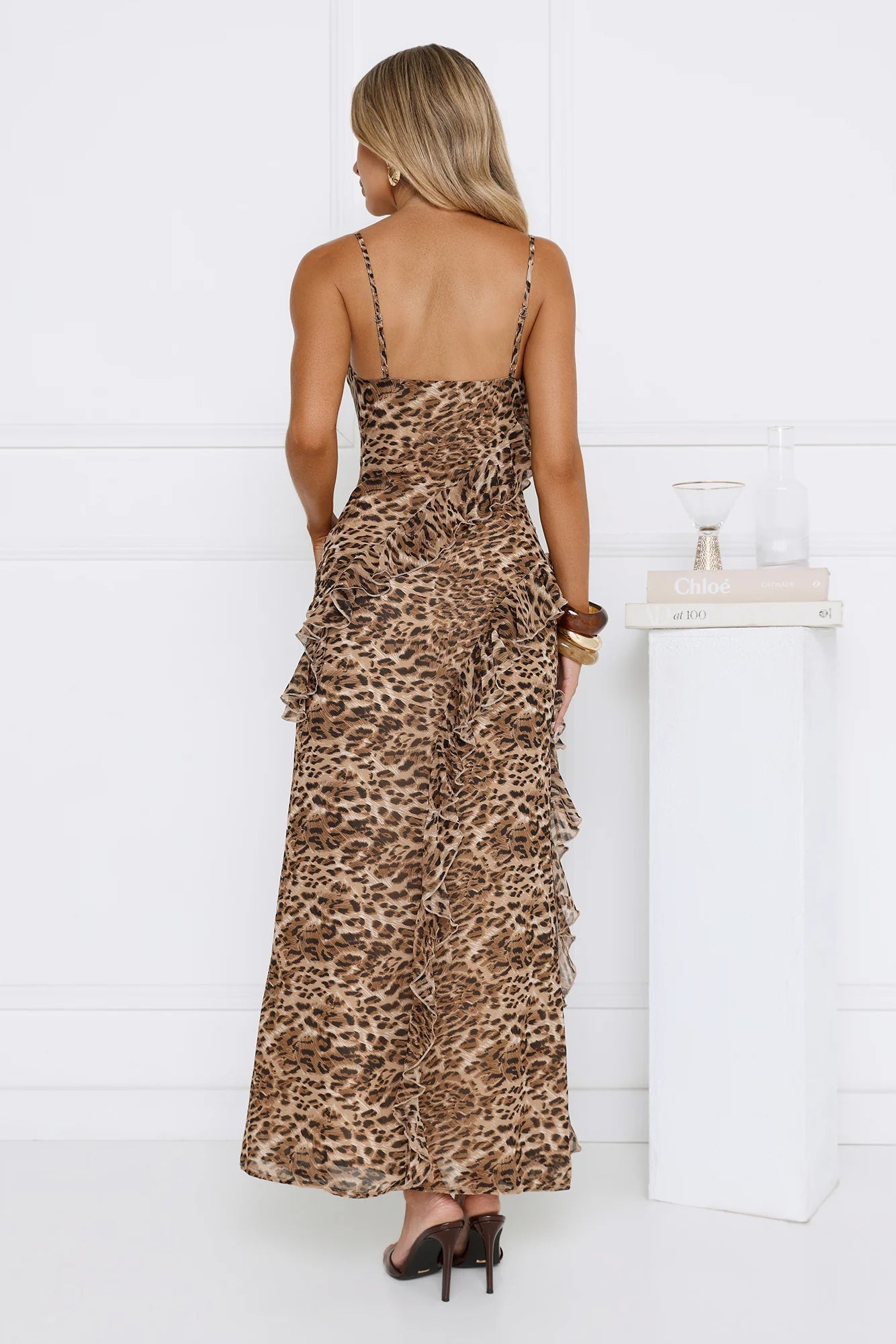 Wildly Chic Leopard Print Maxi Dress with Cowl Neckline, Asymmetric Ruffle Trim, High Thigh Slit and Open Back Design